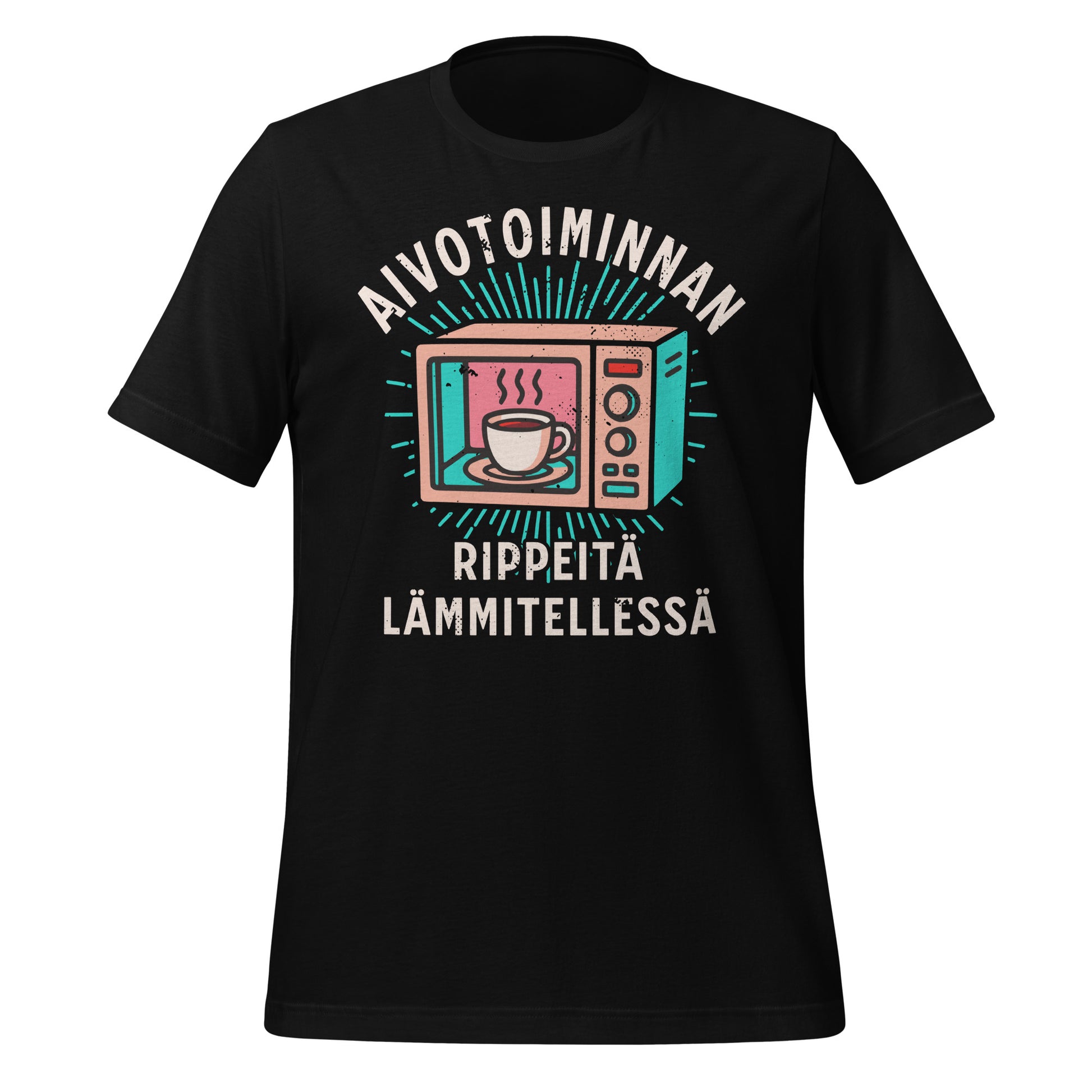 T-paita, jossa teksti "Aivotoiminnan rippeitä lämmitellessä" ja kuva kahvikupista mikrossa – humoristinen kahviaiheinen design.
