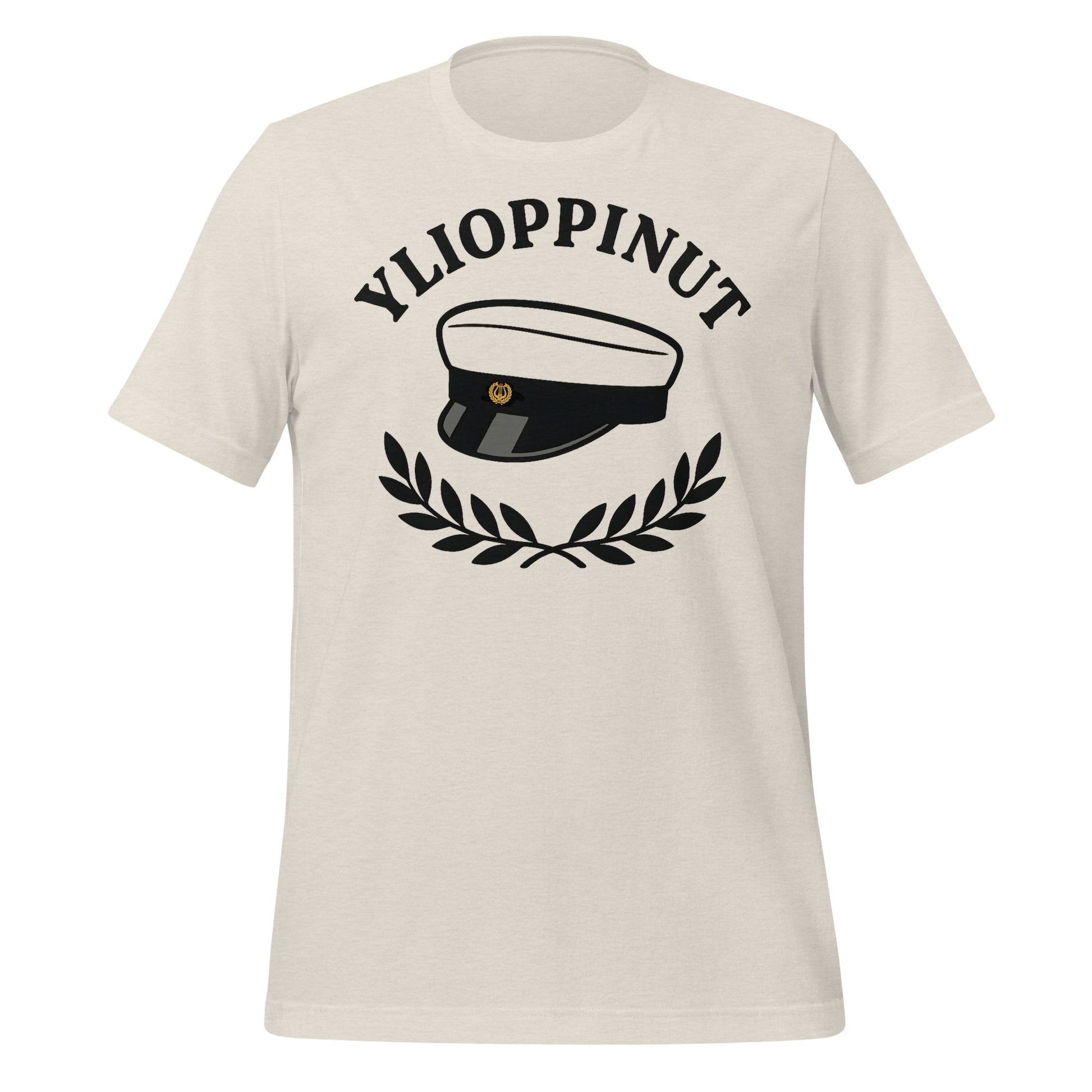 Mustavalkoinen ylioppilaslakki, laakeriseppele ja teksti “Ylioppinut” graafisessa kuvituksessa