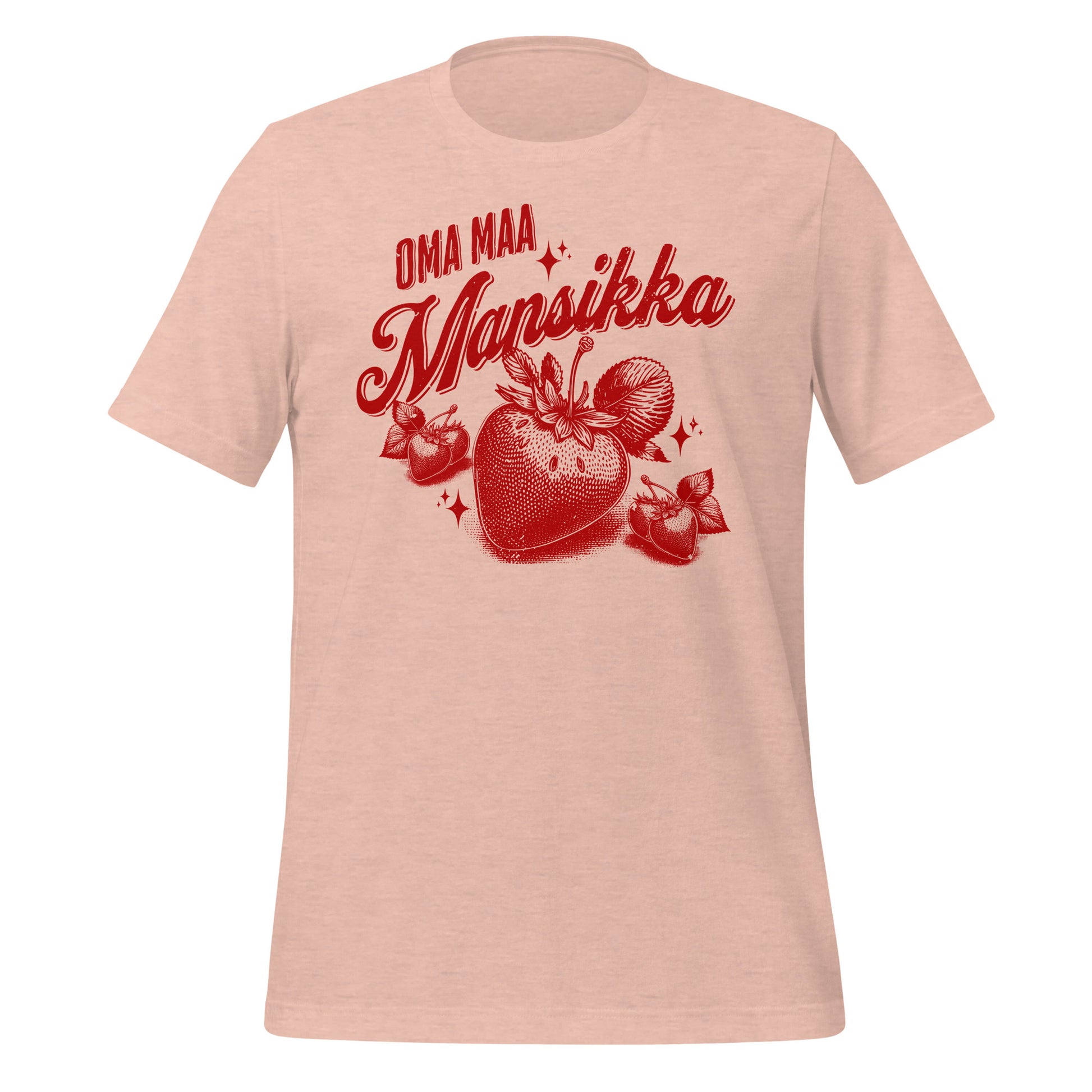 Graafinen t-paita, jossa vanha suomalainen sanonta “Oma maa mansikka” ja tyylitellyt mansikat nostalgisessa punasävyisessä kuvituksessa.