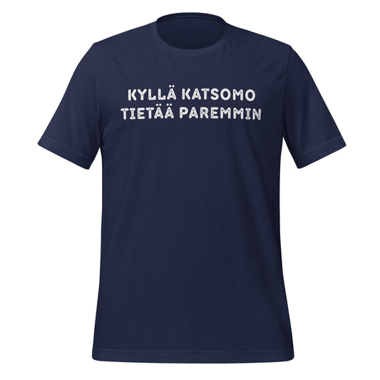 Pesäpallofanin t-paita, jossa lukee "Kyllä katsomo tietää paremmin".