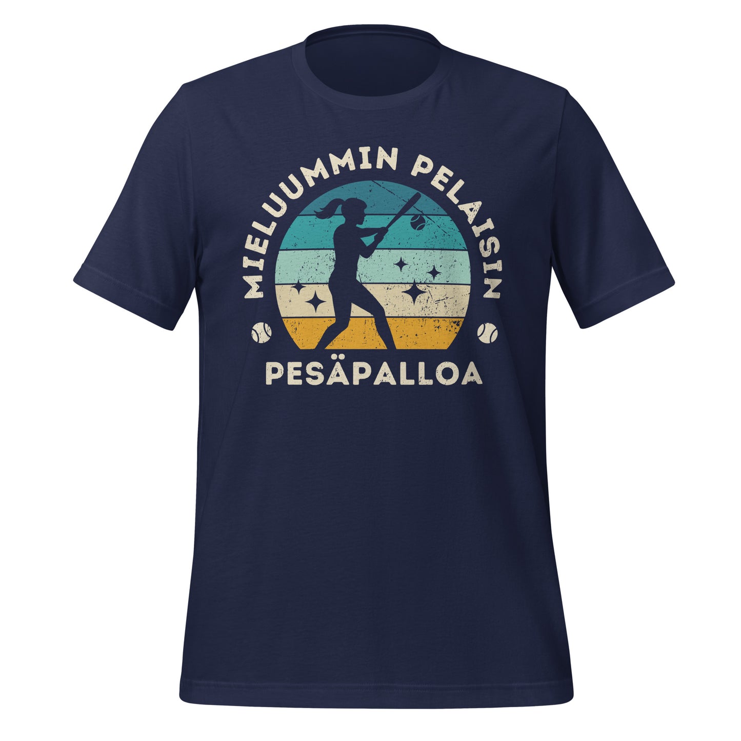 Retrohenkinen pesäpallopaita naispelaajalle, jossa maila, pallo ja värikäs tausta
